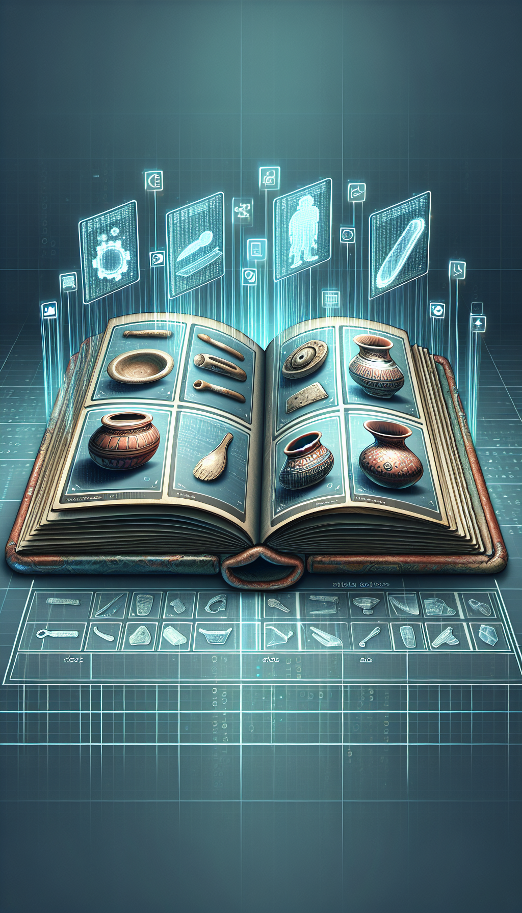 An illustration showing open digital book pages, one side with distinct categories of artifacts - ceramics in one, tools in another - each item tagged with a digital label. Above the book, holographic images of artifacts hover, as if being sorted into their categories. The backdrop displays a faded binary code motif, symbolizing the online guide.