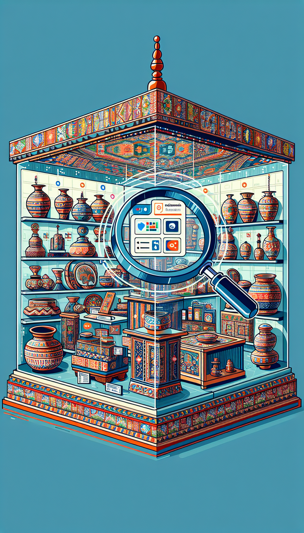 An illustration shows a virtual museum, filled with diverse Indian artifacts—pottery, jewelry, and textiles—behind a transparent firewall, symbolizing preservation. A magnifying glass highlights an artifact, revealing a digital overlay of information about its history, origin, and value. Aesthetic elements of traditional Indian art blend with sleek, pixelated accents, representing the online identification and valuation guide.