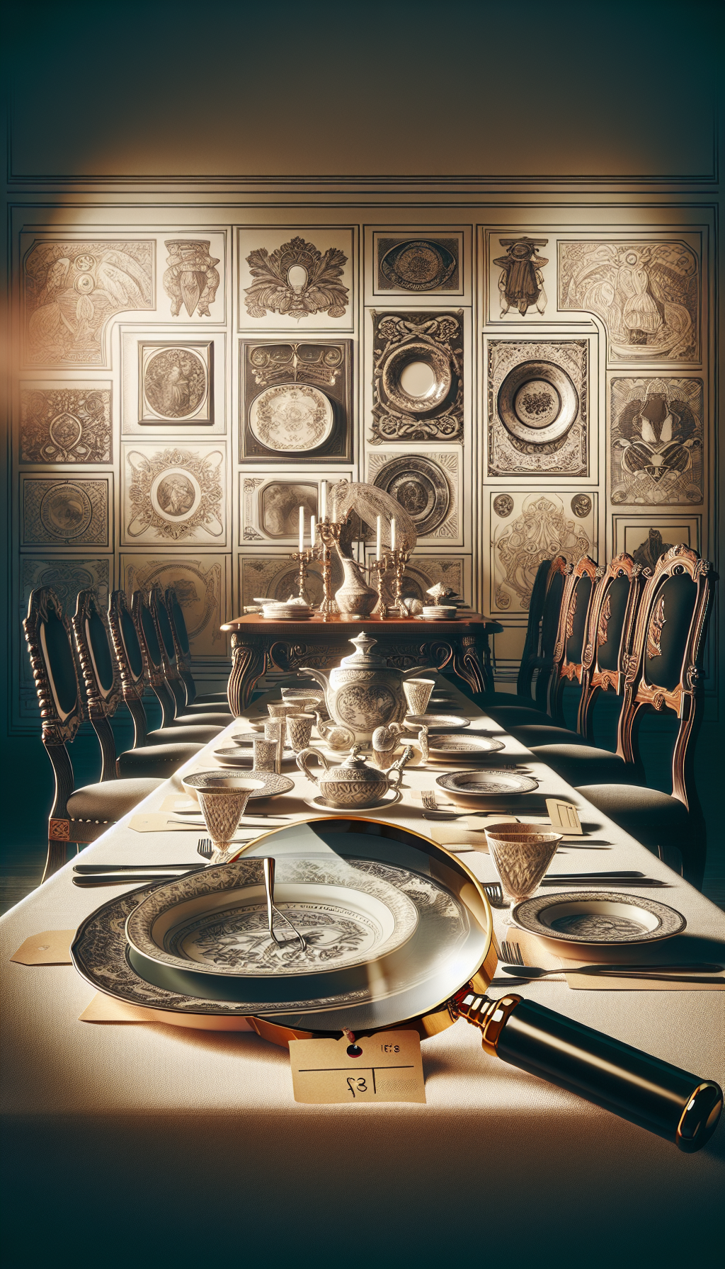 An ornate Victorian dining table set elegantly with lustrous antique dishes, each with a delicate tag indicating its era and value. The background shifts in style, from baroque to art deco, subtly highlighting various historical periods. At the forefront, a magnifying glass hovers over a dish, with a shimmering price visible as if appraised through the lens of time.