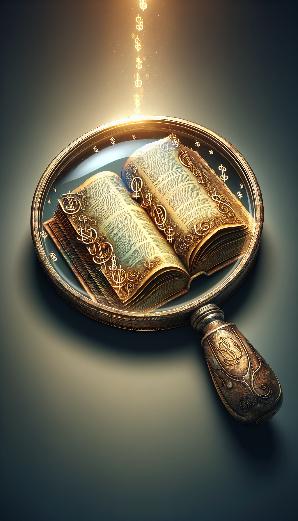 A magnifying glass hovers over an open, antiquarian book, with clearly visible signs of wear along its spine and edges. Each flaw shines under the lens, transformed into gleaming gold lines, symbolizing the delicate balance between condition and rarity. Intricate dollar signs delicately watermark the page background, subtly implying the book's fluctuating value.