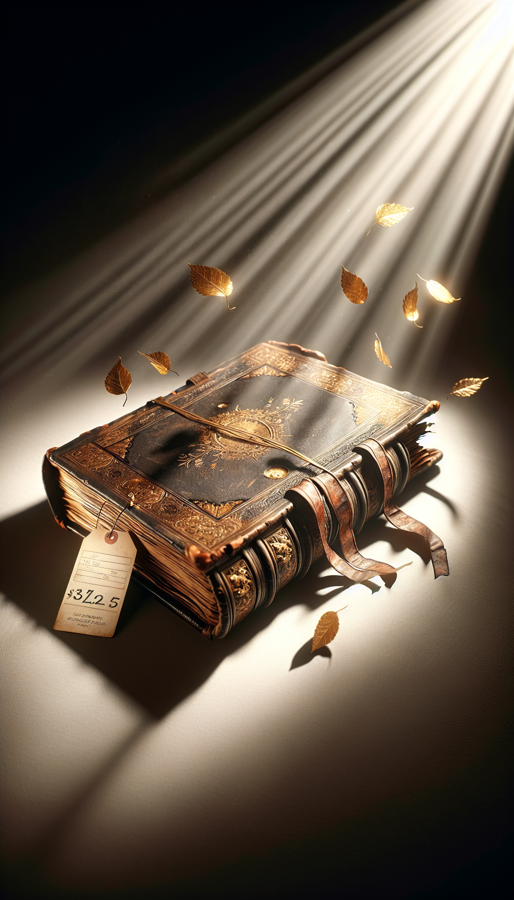 An antique, leather-bound book stands majestically on a pedestal with soft beams of light illuminating it from above, casting a faint shadow of iconic historical figures onto an open page, while delicate golden leaves—the embodiment of its worth—flutter down around it. A translucent price tag hangs off the bookmark, subtly displaying an exorbitant amount in an elegant, vintage script.