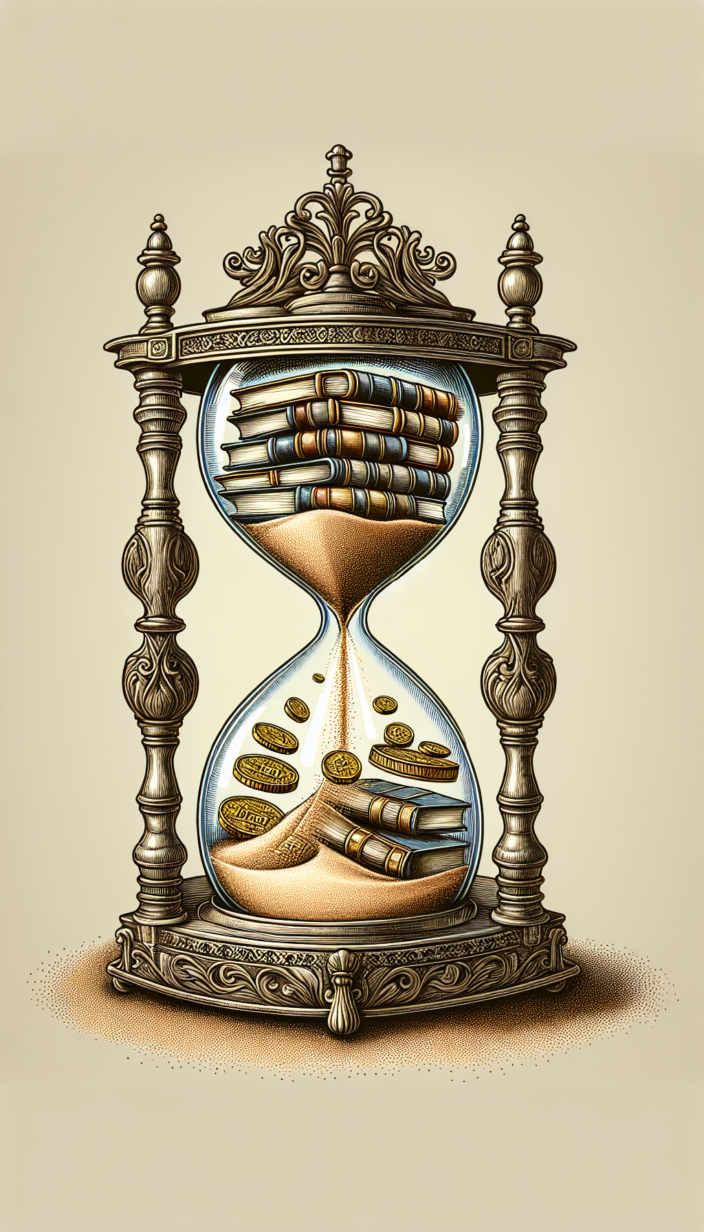 An illustration of a vintage, ornate hourglass where the sands are intricately designed book spines representing different eras and genres. As the sands trickle down, they morph into shimmering gold coins upon reaching the lower bulb, symbolizing the fluctuating values of rare books over time due to market trends. The image seamlessly blends Victorian etchings with sleek contemporary lines, capturing both antiquity and modernity.