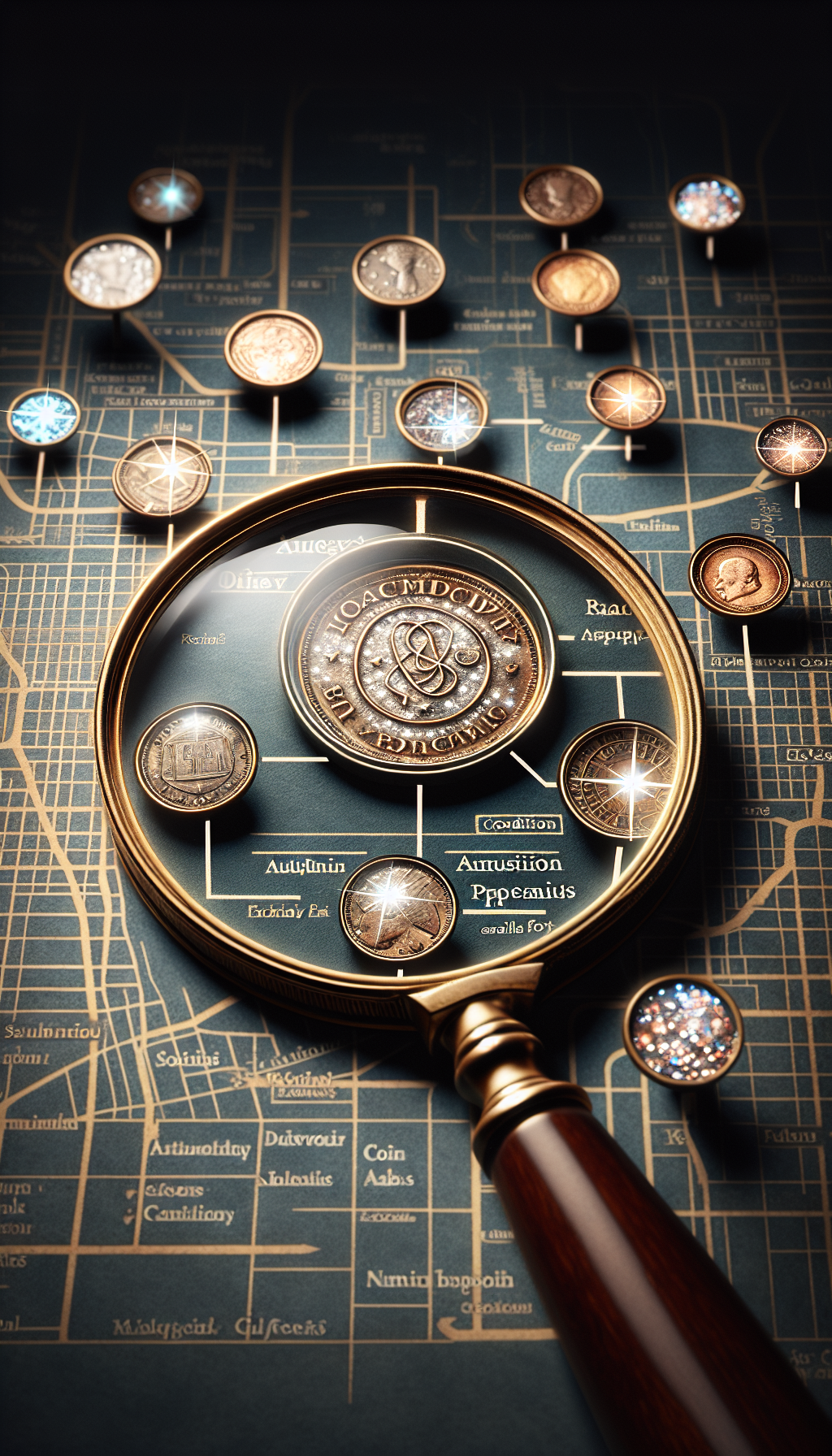 An exquisite magnifying glass zooms in on a map, spotlighting a cluster of glimmering, rare coins with location markers, each marker labeled with different appraisal service attributes like "Authenticity," "Condition," and "Rarity." These markers are connected by winding paths that evoke the careful journey through the local numismatic landscape, highlighting the search for appraisal experts within arm's reach.