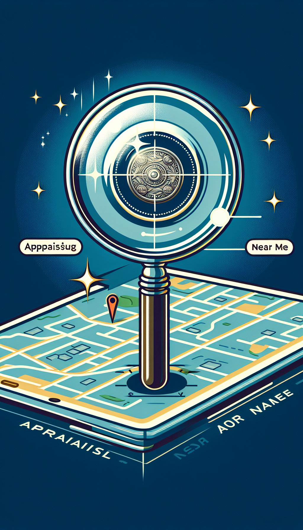An illustration showcasing a magnifying glass hovering over a map, pinpointing a local area with a sparkling rare coin underneath. The glass not only magnifies the coin's intricate details but also the phrase "Appraisal Near Me", emphasizing the importance of local expertise in providing precise valuations for rare collectibles. The style transitions from realistic details under the glass to a stylized, simplified map.