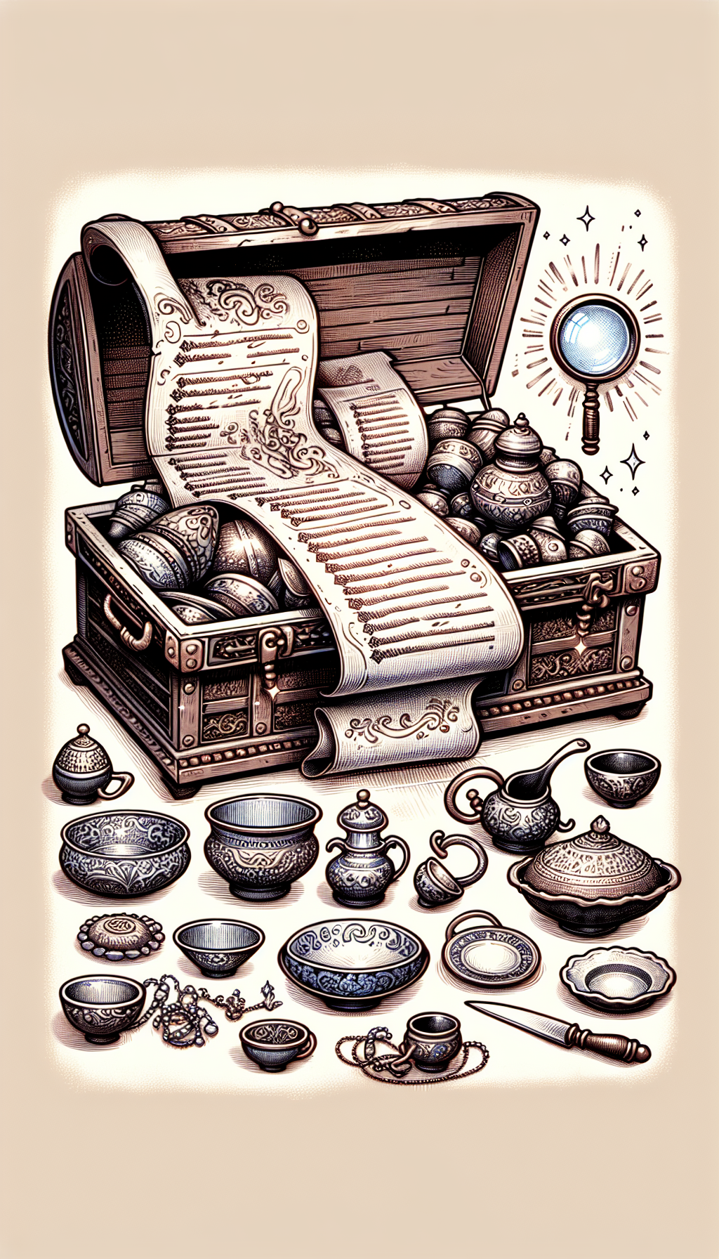 An illustration featuring an opulent treasure chest overflowing with a variety of antique dishes, each with intricate patterns glowing subtly to signify their rarity and value. A magnifying glass hovers over, revealing a scroll beneath that unfurls into a list with highlighted priceless items. The art mixes detailed realism for the dishes with a whimsical cartoonish chest and a parchment list stylized with elegant calligraphy.