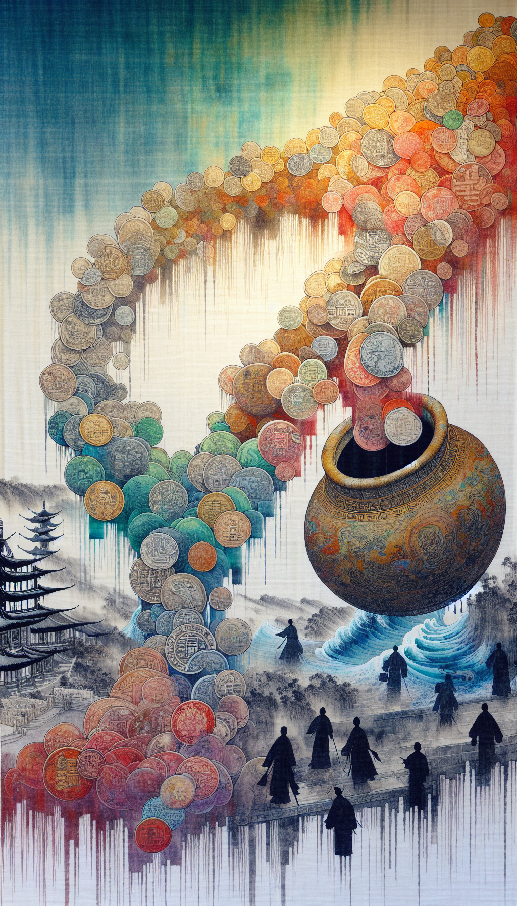 A vibrant tapestry showcases coins flowing from a Yuan Dynasty pouch into a Qing vase, morphing in design as they traverse historical landmarks. Along the edges, ghostly silhouettes of traders and collectors hint at the enduring value of these coins. The styles vary abruptly, fusing ink wash, watercolor splashes, and crisp woodblock prints, capturing China's rich numismatic evolution.