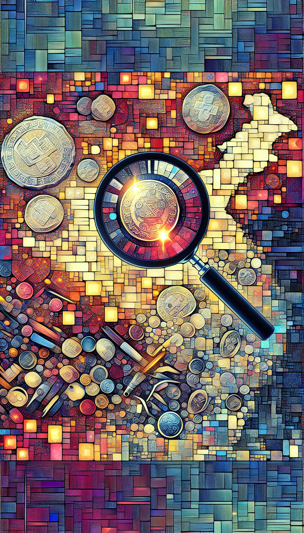 An intricate, vividly colored digital tapestry depicting a magnifying glass over a canvas of ancient Chinese coins scattered across a map of historical China, with radiant glimmers signifying rarity and value. Various styles—from ink wash, representing dynastic art, to pixel art, signifying modernity—fragment the image, creating a mosaic that celebrates the timeless allure of these historical treasures.