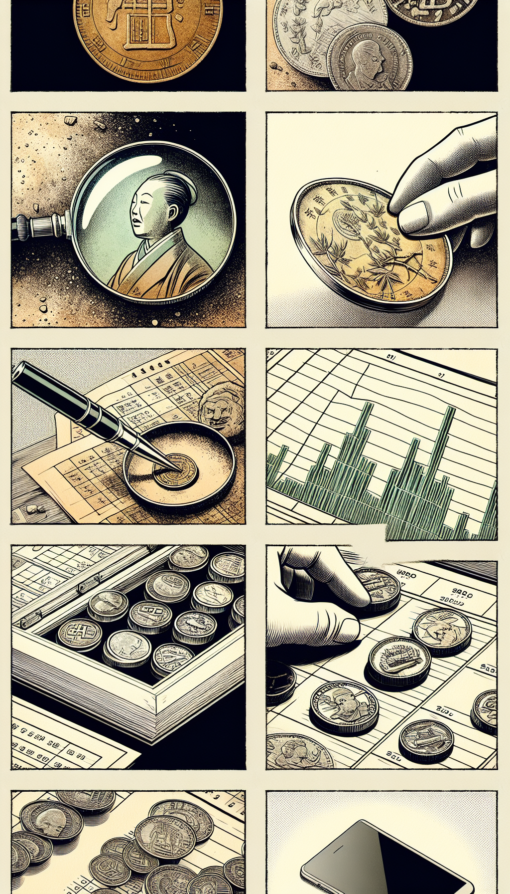 An illustration divided into comic-strip-like panels, each showcasing a distinct, whimsical style—from watercolor to ink sketch. One panel shows a magnifying glass hovering over a pristine old Chinese coin, another features a hand placing a coin into an airtight display case, while a third depicts a ledger with rising graphs beside ancient coins, symbolizing increasing value.