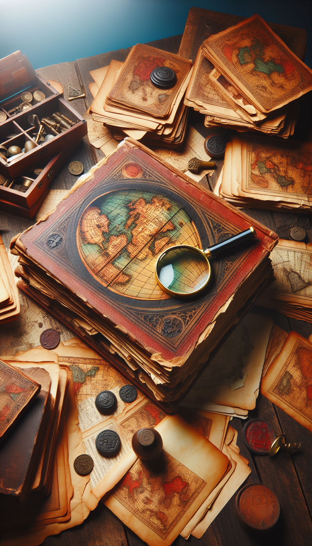 An antique wooden desk scattered with various open aged National Geographic magazines, their sepia-toned pages forming a map of the world. A magnifying glass hovers over an issue, transforming the page beneath into a vivid, colorful scene, symbolizing the richness of history held within. Around the desk, treasures like old coins and artifacts hint at the value of these chronicles.