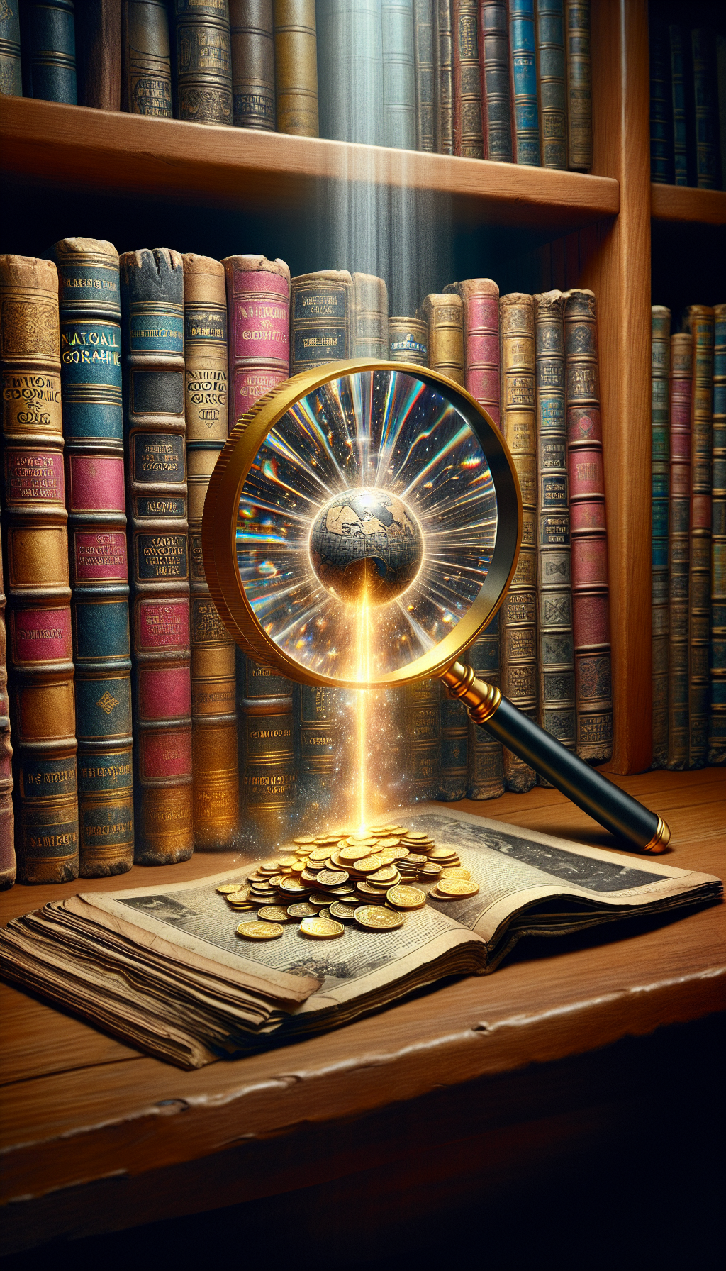 An old, wooden bookshelf groans under the weight of colorful, weathered National Geographic spines, with a magnifying glass hovering over, transforming dusty volumes into glimmering gold coins as it scrutinizes them. Each magazine touched by the glass's beam bursts with a price tag that reflects its newfound treasure status, symbolizing the hidden wealth within vintage issues.