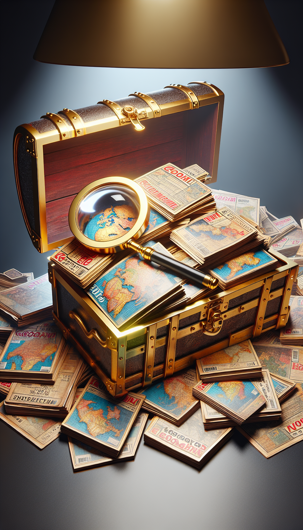 A treasure chest overflowing with pristine, golden-edged National Geographic magazines, each with a shimmering, holographic cover highlighting iconic issues, rests atop a stack of weathered, less lustrous editions. A magnifying glass hovers above, with rare, sought-after dates glowing beneath its lens, symbolizing the hunt for valuable copies amidst the collection's vast history.