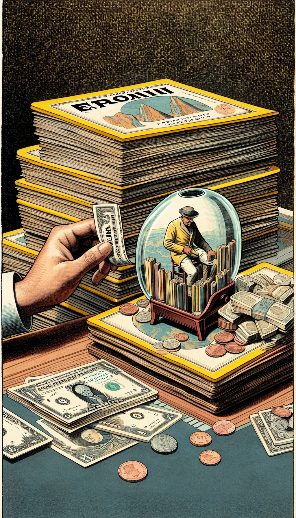 An illustration featuring a person sitting at an antique desk, surrounded by piles of National Geographic magazines. One hand delicately handles a preserved magazine, while the other drops coins and bills into a translucent piggy bank shaped like the magazine's iconic yellow border. The image is richly detailed in a watercolor style, with crisp line art accentuating the magazines and currency.