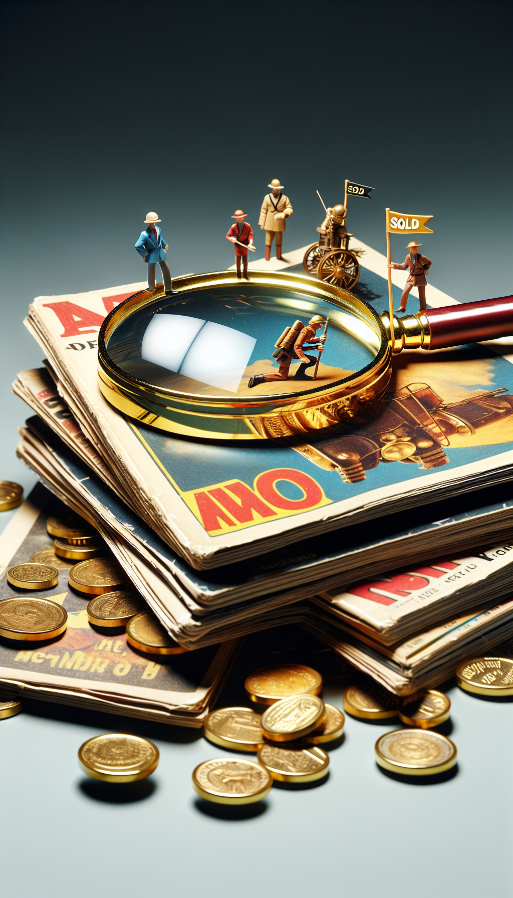 A vintage magnifying glass hovers over a stack of weathered National Geographic magazines, with golden glints signifying increased worth as they radiate from select issues. Among the pile, miniature figures embark on a treasure hunt, with one appraising a cover while another waves a "SOLD" flag from atop a magazine, symbolizing the successful sale of these valued collectibles.