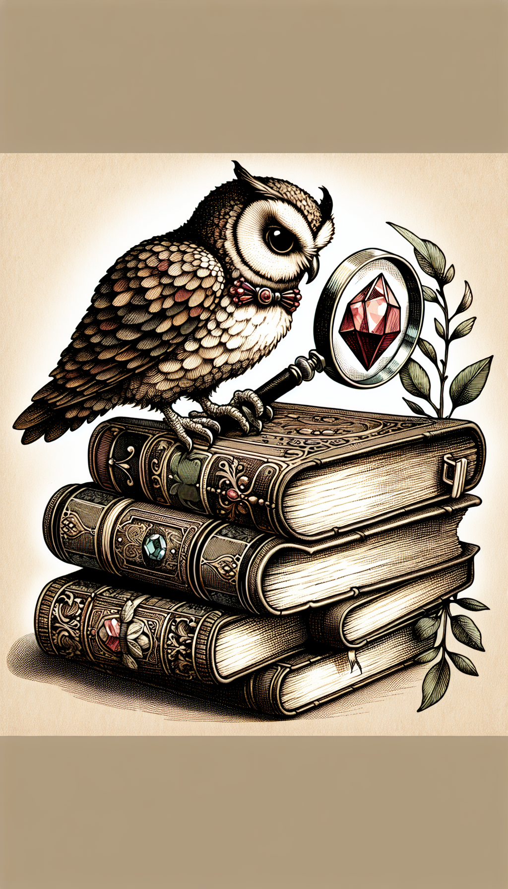 A whimsical illustration depicting a bespectacled owl perched atop a pile of antique books, peering through a magnifying glass at a shimmering, jewel-like tome nestled within the stack. Inked in sepia tones with dashes of jewel colors, the image marries vintage charm with the allure of hidden treasures, symbolizing the quest to discover valuable old books.