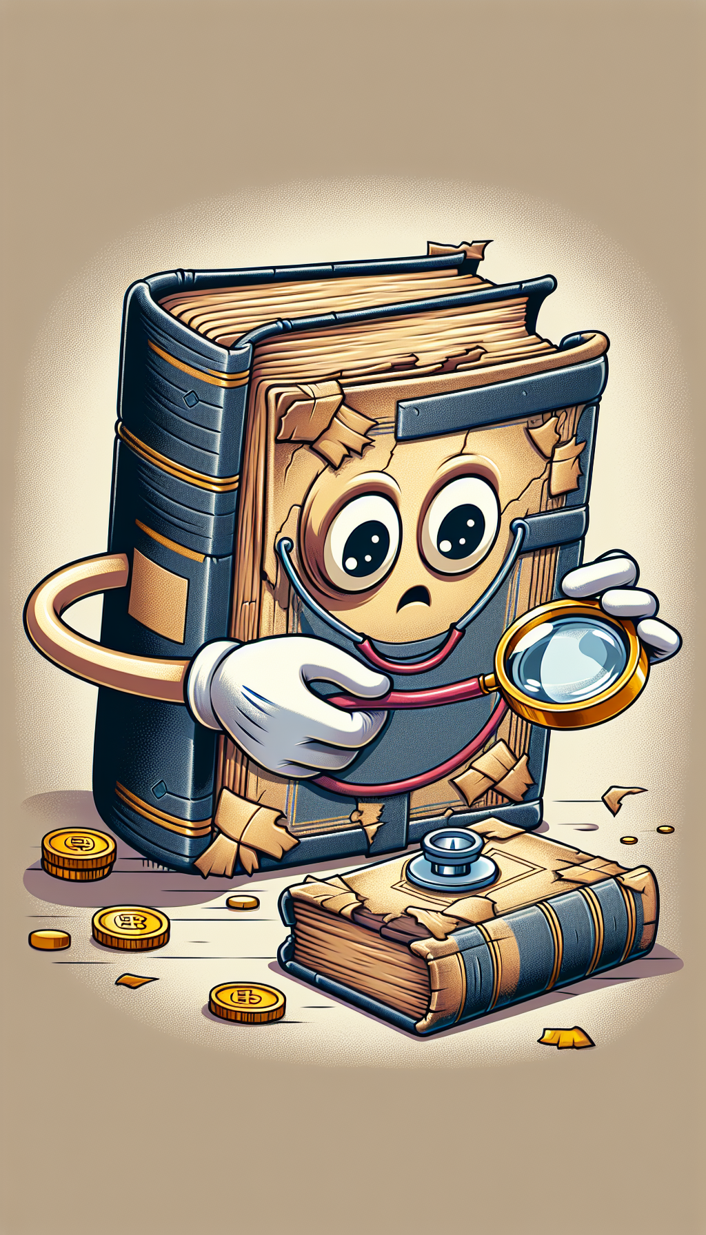 An anthropomorphic old book wears a stethoscope around its neck, its cover slightly frayed, examining a smaller, tattered book on a pedestal. A magnifying glass hovers above, highlighting a "well-loved" spine, while golden coins spill from the pages, suggesting the hidden value within its weathered appearance. This mix of cartoon and realism subtly emphasizes both the condition and intrinsic worth of old books.