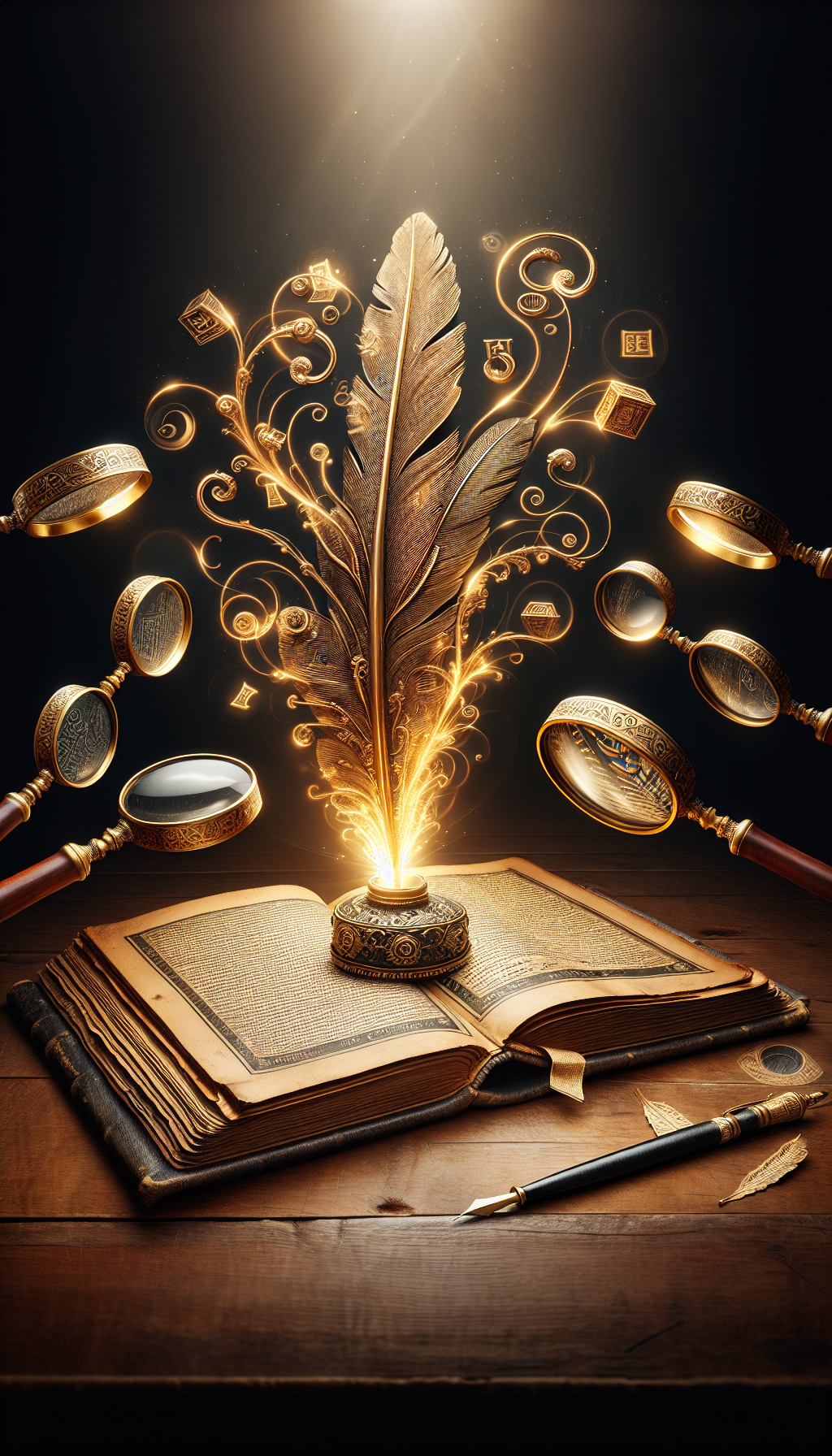 An elegantly detailed ink quill hovers over an open antique book, with visible wisps of golden light spiraling up from select words such as "rare," "first," and "folio." Surrounding the book, magnifying glasses hover, each focusing on classic attributes like a leather spine, marbled endpapers, and intricate embossing, symbolizing the scrutiny in uncovering the markers of a valuable old text.
