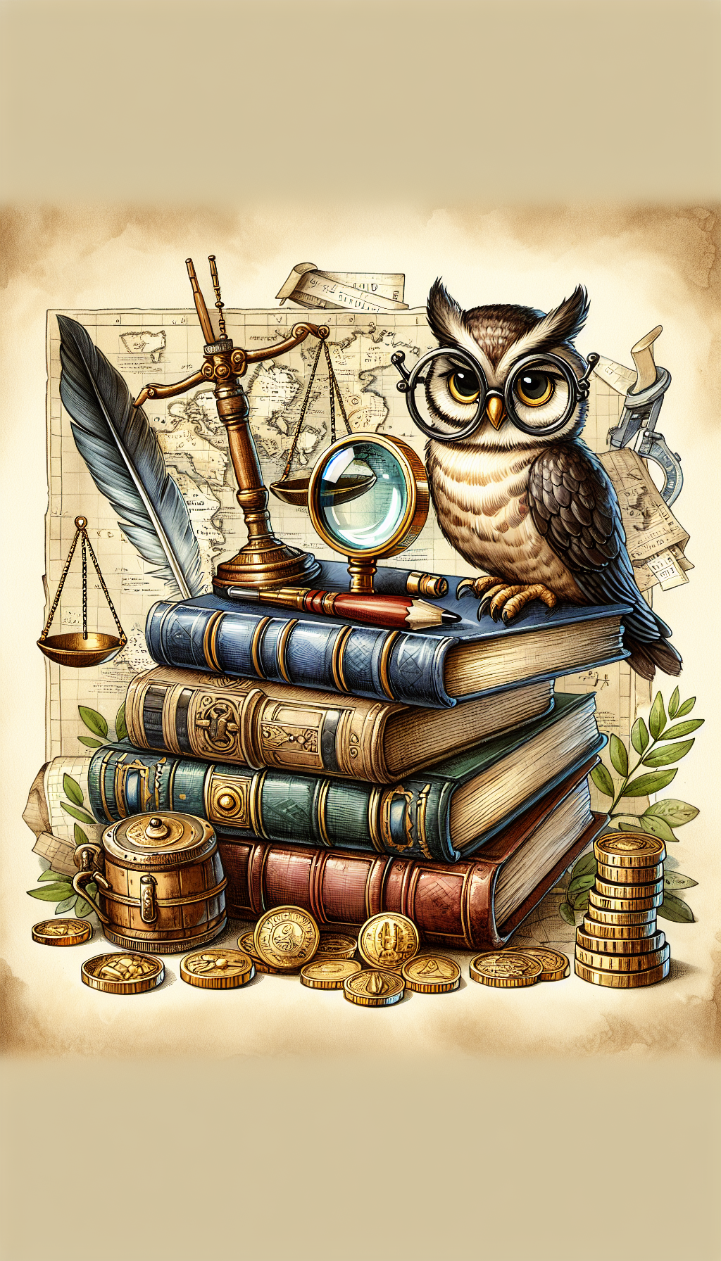 An illustration depicts an antique magnifying glass hovering over a stack of classic books nestled on a treasure map background. A whimsical owl perched atop wearing spectacles and a jeweler's loupe holds a quill as if jotting down appraisal notes, with golden coins and a balance scale subtly suggesting valued antiquity. Various styles—watercolor, ink, and pencil strokes—meld to evoke a vintage, adventure-filled ambiance.