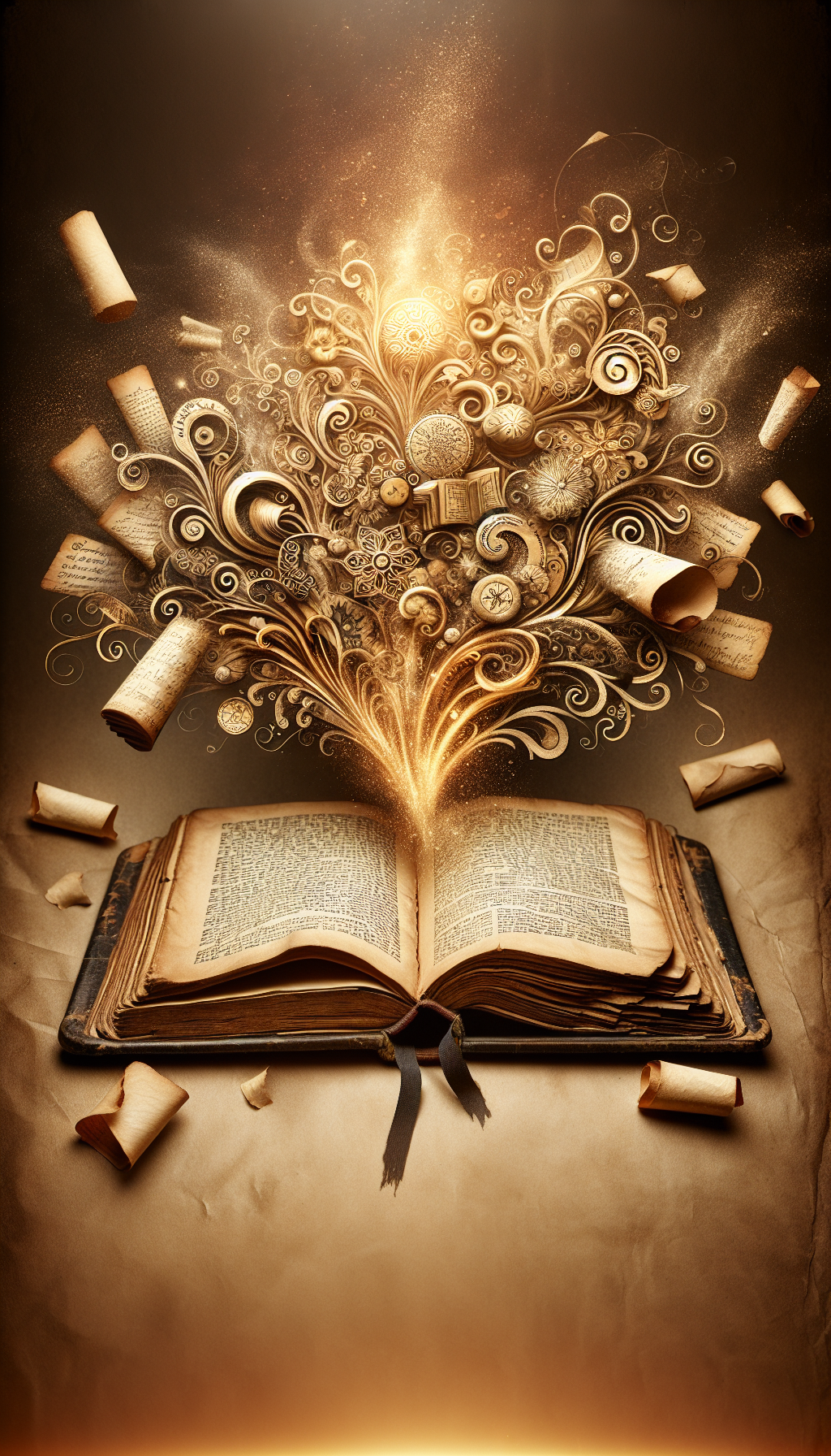An open, antique book with a whimsical cloud of dust above it, which transforms into intricate, gilded shapes that represent classic literary symbols. The pages themselves glimmer with faint script and emit a soft, golden glow, suggesting the timeless value and wisdom contained within the worn covers. Around it, wisps of page corners curl like scrolls, merging past and present.