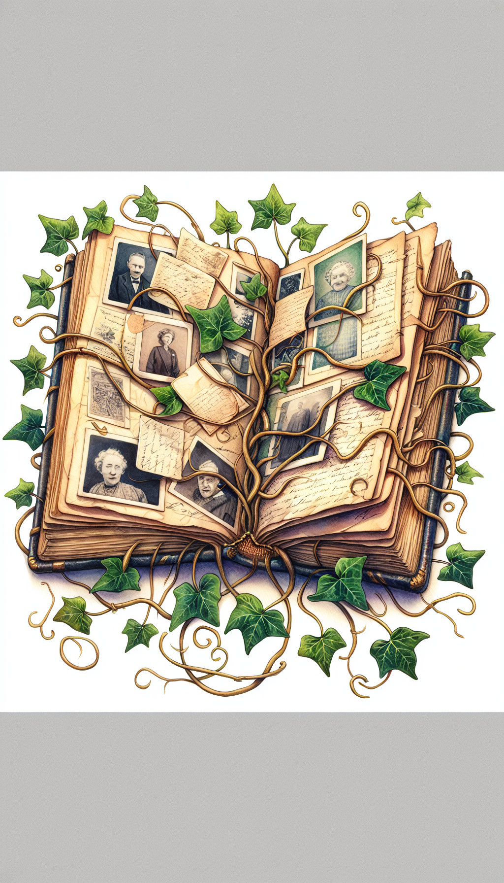A whimsical watercolor vignette portrays an elderly book cradling a collection of faded photographs and letters within its open pages, each bearing tender scribbles and gentle creases. Entwining ivy leaves of gold foil suggest the timeless fusion of nature and narrative, symbolizing the cherished emotional values ensconced in the fibers of old tomes.