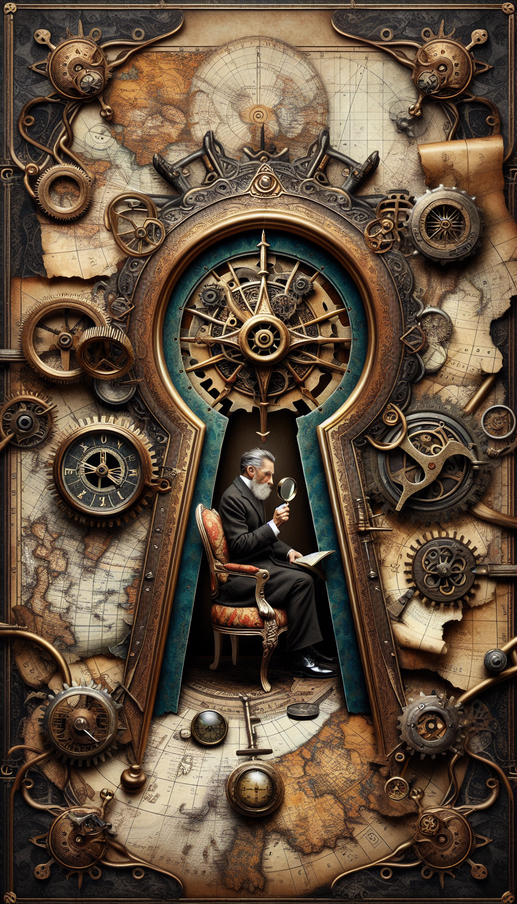 A whimsical steampunk-inspired keyhole frames an elderly expert appraiser with a magnifying glass, peering curiously at a regal antique chair. Surrounding the keyhole, ornate gears and vintage maps dotted with compass roses hint at the search for local appraisers, while a subtle overlay of digital pinpoints alludes to a modern GPS search connecting the past and present.