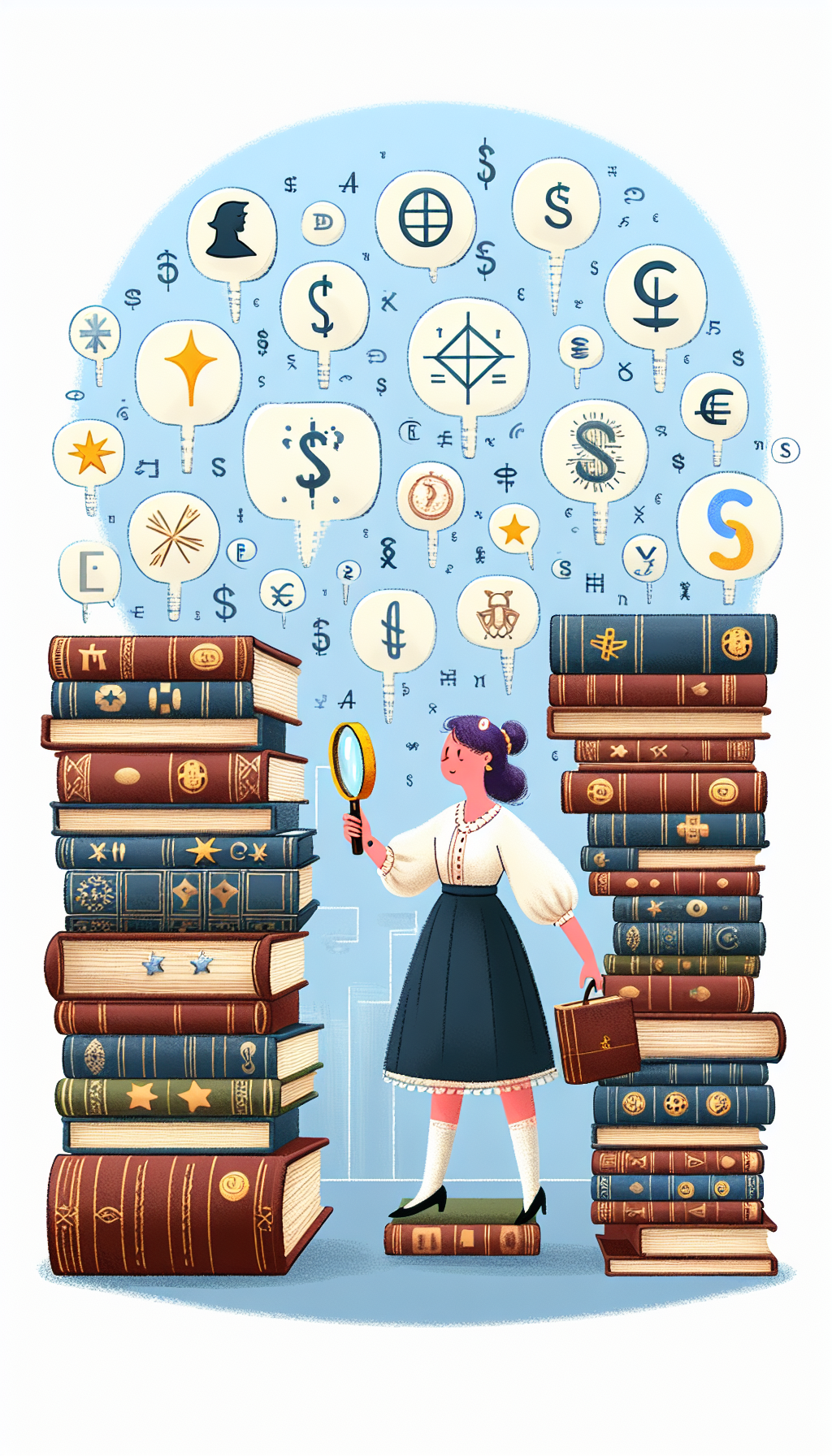A whimsical librarian with a magnifying glass stands beside a towering stack of vintage books, each spine showcasing symbols for condition, starbursts for rarity, and historical figures or events for importance. Above her, translucent dollar signs, euro symbols, and pounds float, with varying sizes representing the fluctuating values of the tomes under inspection.