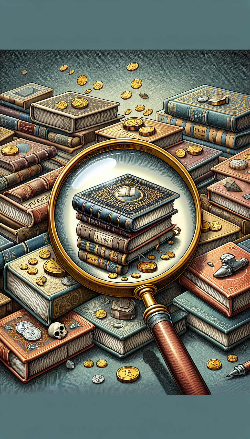 An illustration depicts a magnifying glass highlighting a book spine amongst a stack of ancient tomes, where each book's title is a tip for valuation (e.g., "First Editions," "Signatures," "Rarity"). Intermixed within the pile, symbols of value such as small gold coins and gems subtly emerge from the pages, blending the traditional treasure hunt with the hunt for valuable old books.