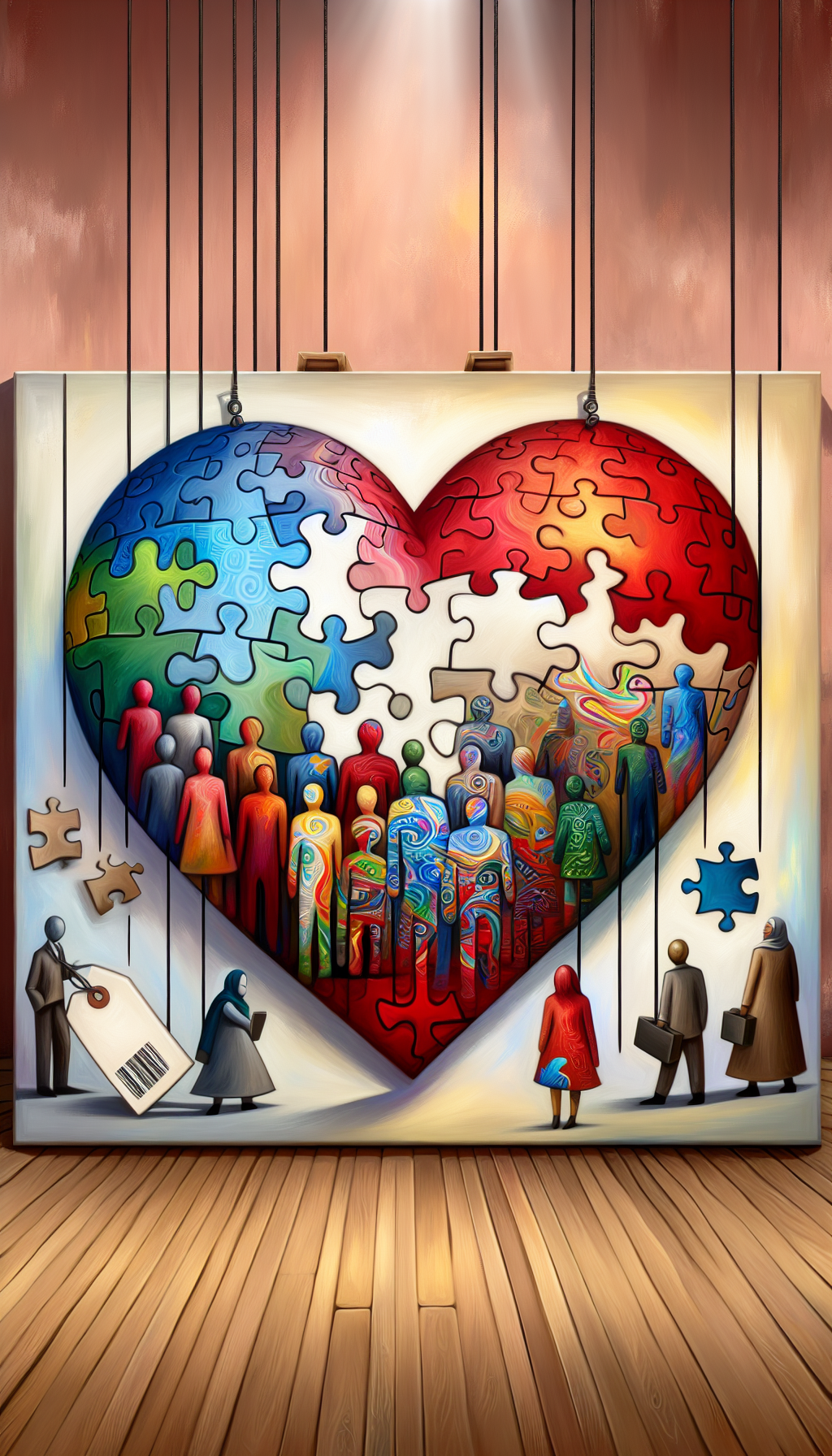 The illustration depicts a heart-shaped canvas where diverse figures hold sections of a puzzle, each piece adorned with different emotions and social scenes. The incomplete puzzle floats above a price tag, dissolving into abstract lines, signifying art's value transcending monetary worth, capturing the essence of its emotional and social impact in a mosaic of human experience.