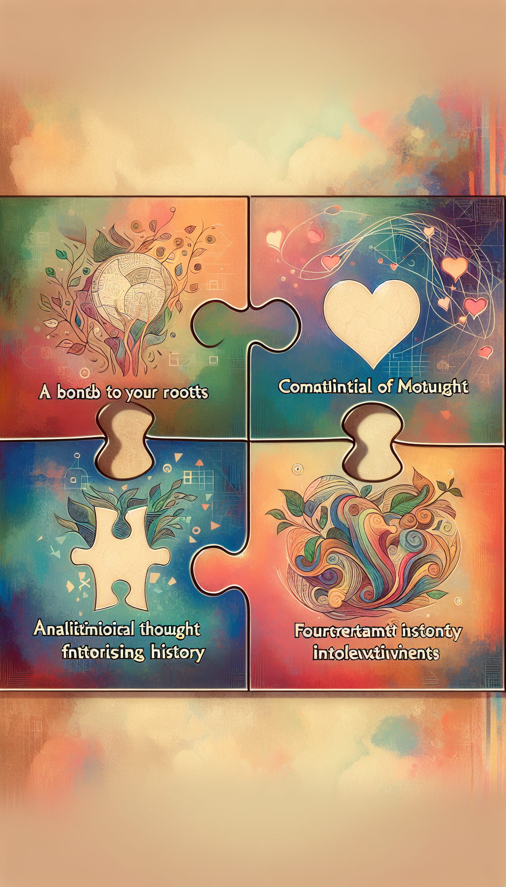 An illustration divided into five unique puzzle pieces, each representing a key benefit of art appreciation—cultural connection, emotional growth, critical thinking, historical understanding, and creative stimulation—coming together to form a single, vibrant, abstract canvas. In the background, ethereal dollar signs and hearts mix, symbolizing the immeasurable value of art to both individuals and communities.
