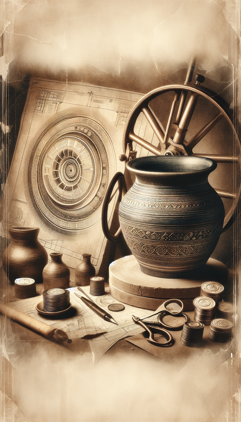 An evocative illustration depicts an aged, timeworn potter's wheel with a gleaming, intricately designed 20-gallon crock resting atop it, surrounded by antique pottery tools and faded blueprints. A soft vignette filters the edges into sepia, suggesting historical depth, while shimmering coins and appraiser's eyepiece cast atop the blueprints subtly hint at the crock's significant value.