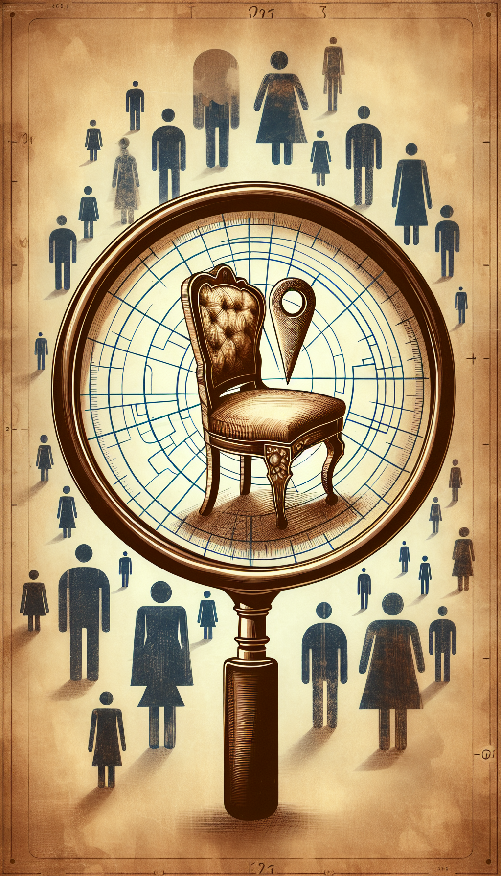 A whimsical, sepia-toned illustration depicts a magnifying glass, within which a vintage map pin is positioned over an elaborate antique chair, the focal treasure. Shadowy figures of appraisers, varying from silhouettes to sketchy outlines, encircle the chair, evoking a radar scanning for experts, blending the nostalgia of antiques with the modern quest for proximity.