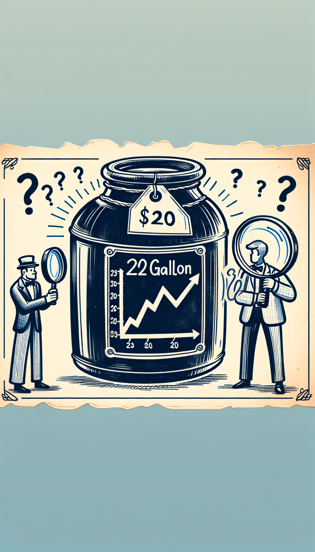 A whimsical line-drawn illustration features a large, detailed 20-gallon antique crock with a glowing aura signifying rarity. A magnifying glass held by an unseen figure focuses on the crock's maker's mark, revealing its distinguished provenance. A price tag dangles with an upward trending graph and question marks, embodying the crock's fluid market value.
