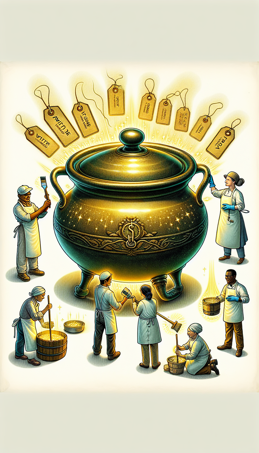 An illustration features a gleaming, detailed 20-gallon antique crock, with translucent “value” tags ascending like bubbles, while tiny, stylistically varied characters — a painter, a cleaner, and a curator — attentively polish, repair, and handle it with care, each employing tools that shine with golden light to emphasize the importance of preservation in maintaining the crock's value.
