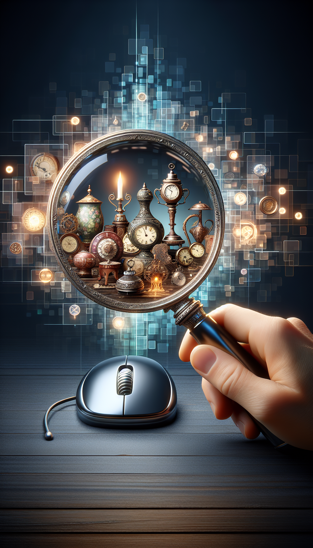 A sleek, digital magnifying glass peers into a virtual realm, revealing a mosaic of antique treasures—clocks, vases, jewelry—that glow with valuation tags. The glass connects to a computer mouse, subtly indicating the online nature of the appraisal. Background pixels suggest a seamless transition from the old to the digital era, embodying the blend of antiquity and modern technology.