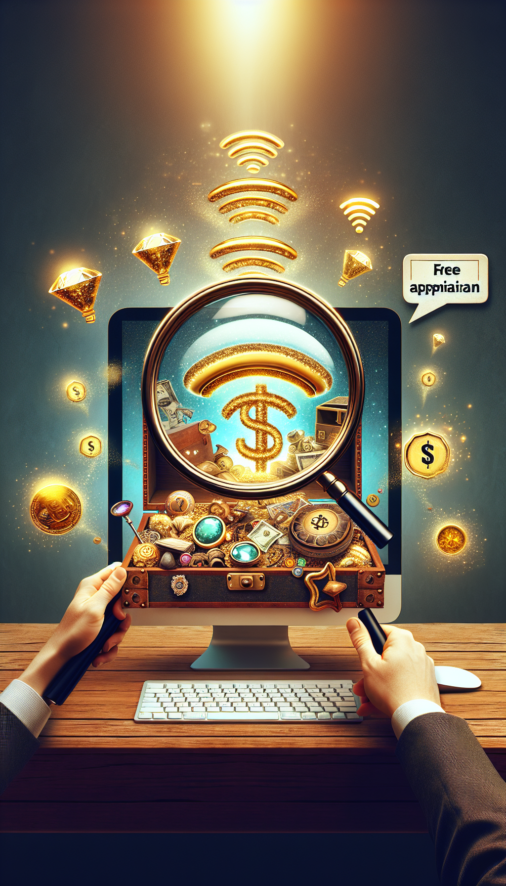 A whimsical digital illustration features a magnifying glass peering into a computer screen, which morphs into a treasure chest brimming with antiques and jewels. Among the treasures, golden coins display wifi signals, symbolizing online appraisals. To the side, a chat bubble contains a dollar sign, hinting at the potential value, with the screen's corner tagged "FREE Appraisal".