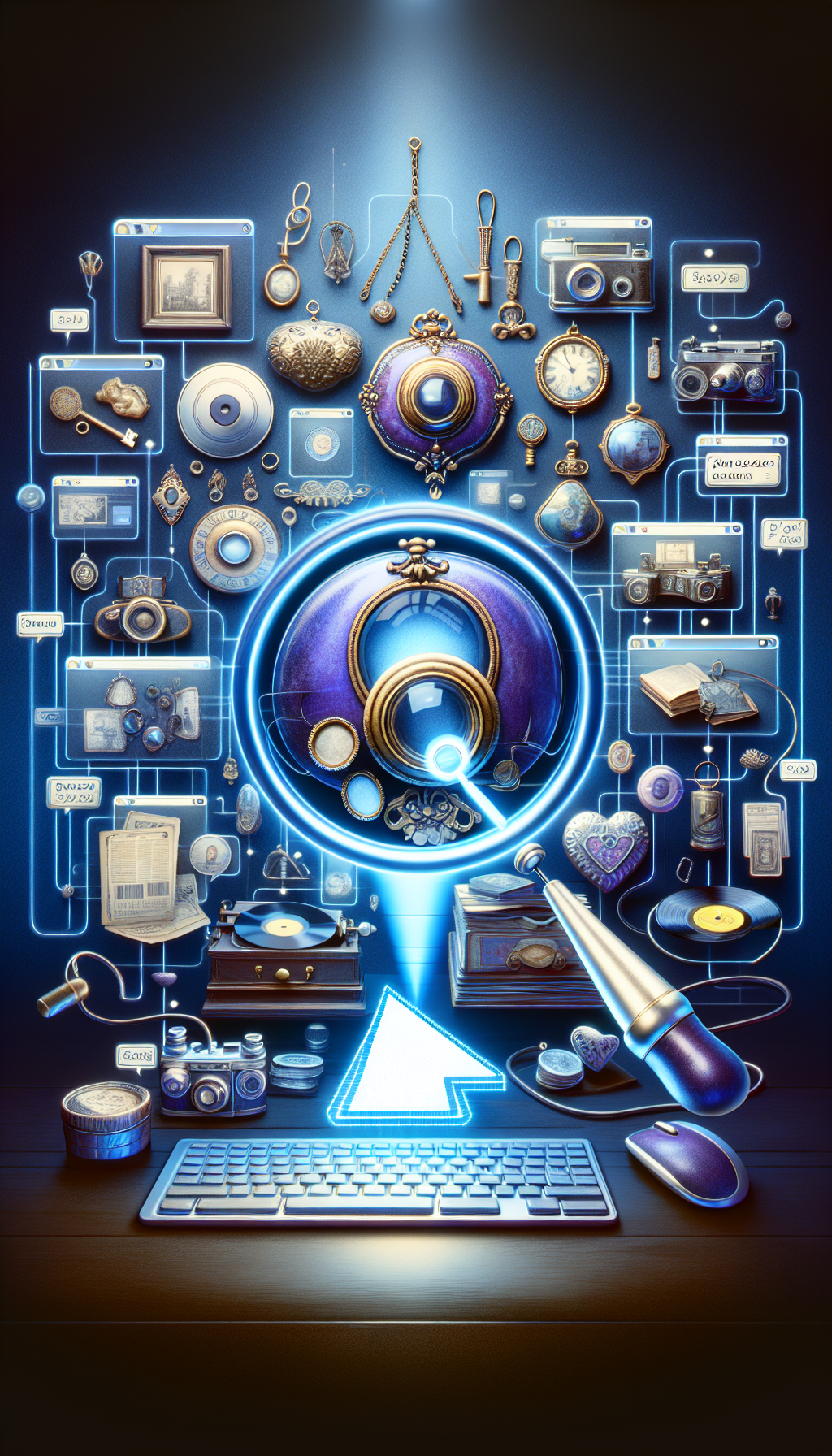 A whimsical digital collage showcases a variety of antique keepsakes — lockets, vinyl records, and old cameras — illuminated by a computer screen's glow. Upon the screen, a magnifying glass cursor interacts playfully with the items, symbolizing appraisal, as chat bubbles containing expert advice and price tags float around, with one reading, "Free Online Appraisal."
