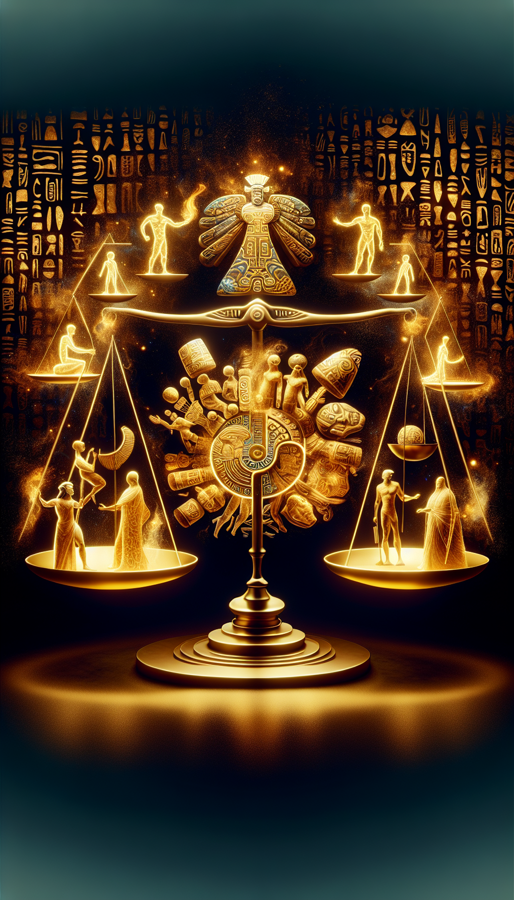 An illustration displays a stylized Pre-Columbian artifact, half gold sculpture, half intricately painted pottery, set against a backdrop of glowing hieroglyphic script. From the artifact's core, ghostly figures emerge, representing the civilization's cultural essence—artisans, warriors, and scholars—encircling a balance scale that tips towards intangible heritage, symbolizing the true value of Pre-Columbian art beyond material wealth.