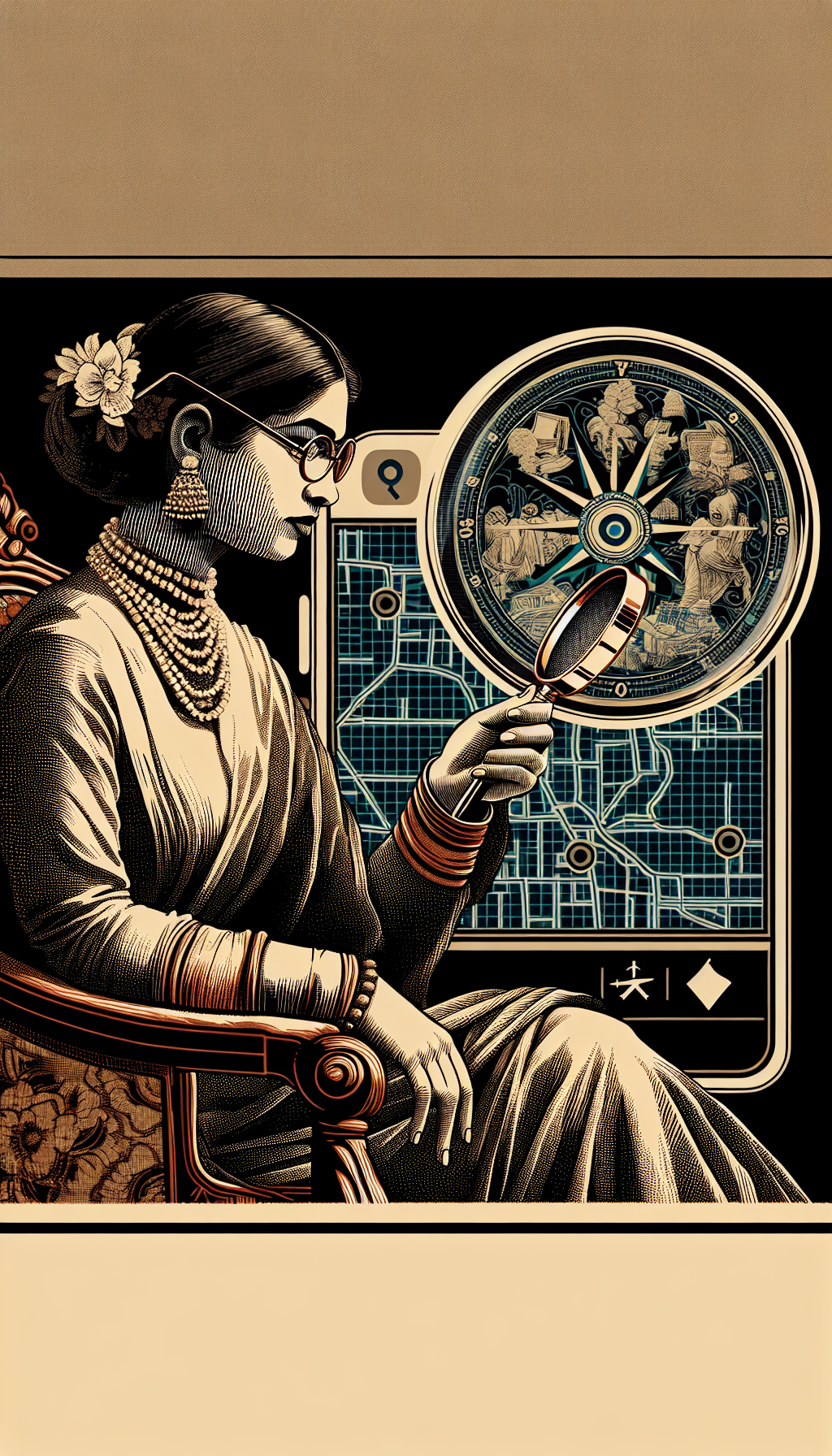 An elegant, bespectacled appraiser, magnifying glass in hand, examines a richly detailed antique chair, while behind them, a semi-transparent map hovers, dotted with vintage compass icons pinpointing their location. The image seamlessly blends classic etching with modern, flat design elements, emphasizing the timeless craft of appraisal amidst the convenience of local accessibility.