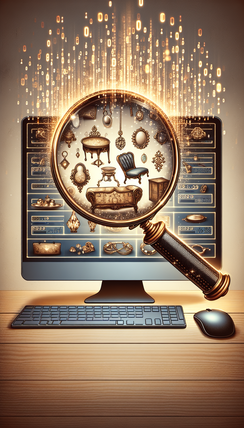 A vintage magnifying glass hovers over a computer screen displaying a gallery of antique items, with shimmering digital appraisal values floating upward. The classic and cyber elements are intertwined, symbolizing the blend of past and present in online antique appraisals. The style alternates between crisp digital vectors for the screen and soft sepia-toned watercolors for the antiques.