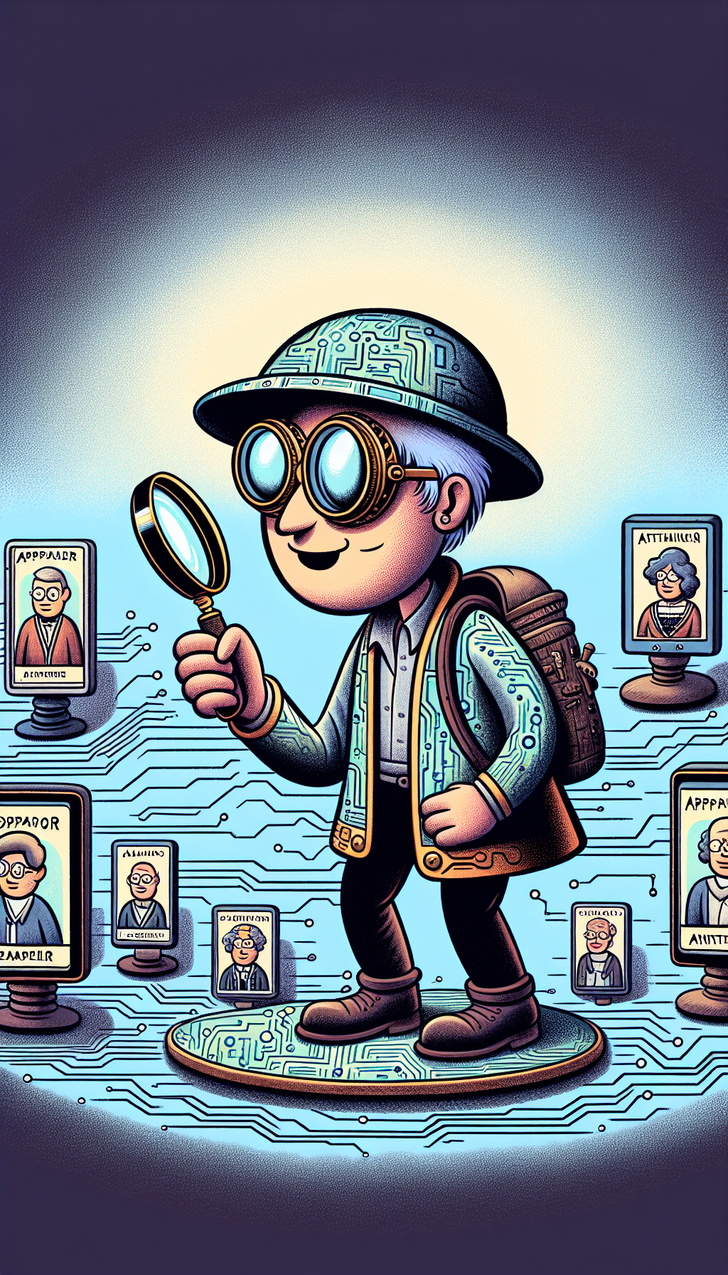 A cartoon-styled, monocled explorer in a digital landscape made of circuitry and code, navigates through a sea of online appraiser avatars with antique objects, using a magnifying glass that highlights authentic, credible appraiser badges while others fade away, symbolizing the discernment needed in finding trustworthy antique appraisals online.