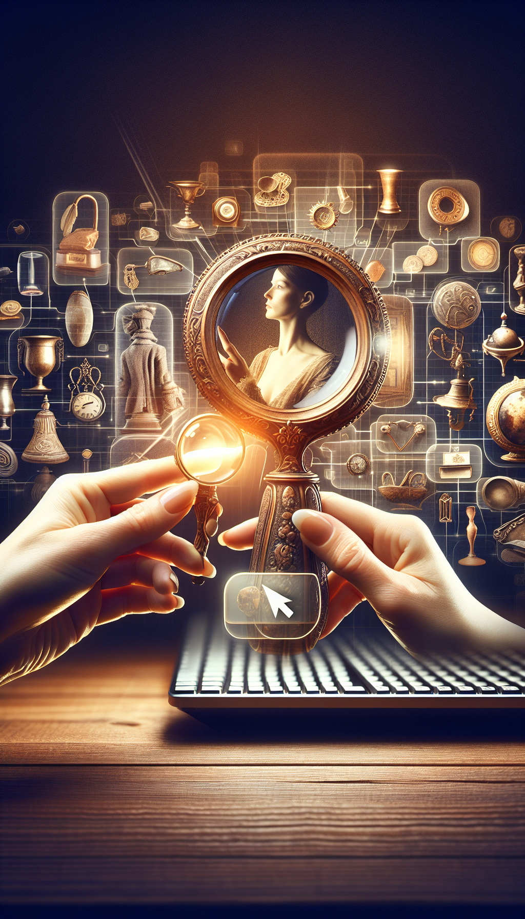 An antique magnifying glass held by a graceful hand emerges from a computer screen, scrutinizing a juxtaposition of diverse vintage items, which are bathed in a warm, digital glow. The reflection on the glass reveals a chat bubble with a certified appraisal badge, symbolizing the online authentication process, melding the past's treasures with modern technology's precision.