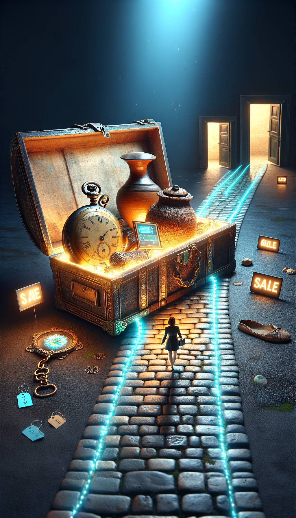 A vintage treasure chest with its lid open, revealing a radiant computer screen that illuminates antique items—a watch, a vase, a painting—each labeled with bright, digital price tags. A character steps out of the frame onto a cobblestone path that leads to various doorways symbolizing future steps: restoration, sale, insurance, and display.