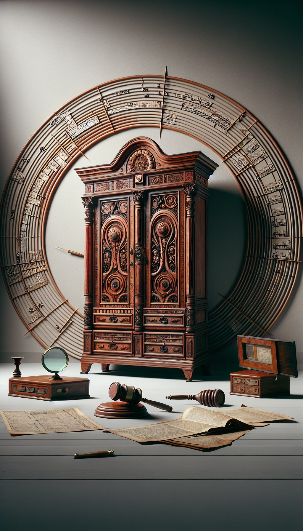 An elegant armoire stands amidst a swirling timeline, with Victorian, Regency, and Art Nouveau motifs cascading over its wood. Each panel showcases distinct historical styles, with age rings on the wood symbolizing the armoire's increasing value over time. Antique appraisal tools like a magnifying glass and auction gavel subtly frame the piece.