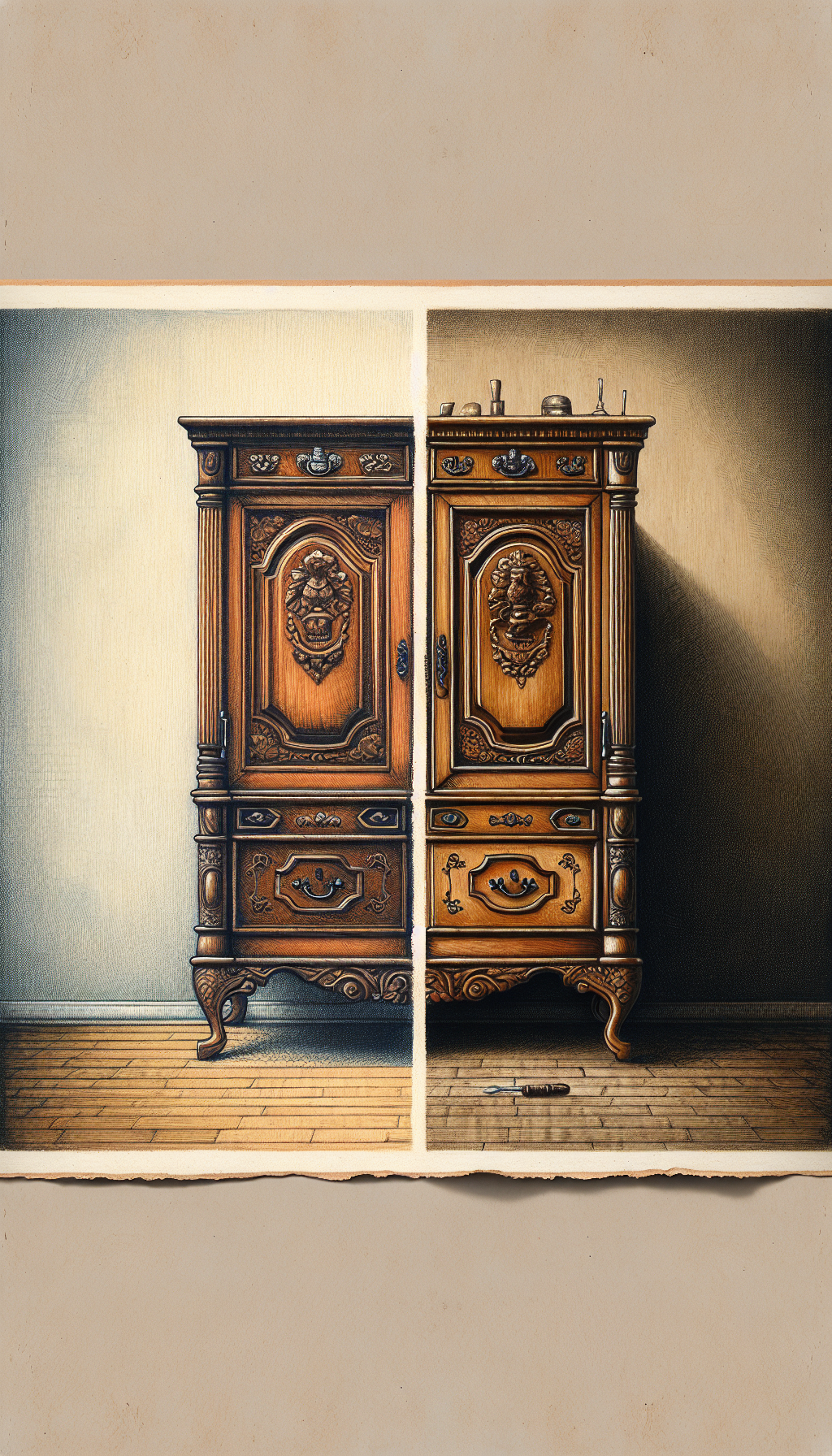 An illustration depicts an antique armoire under a magnifying glass, emphasizing fine details like wood grain, ornate carvings, and vintage hardware. Half is mint condition, the other half subtly deteriorated, showing scratches and a wobbly leg, visually splitting the armoire's image to represent the impact of craftsmanship and condition on its value. Different styles, from realistic to impressionistic, blend across the divide.