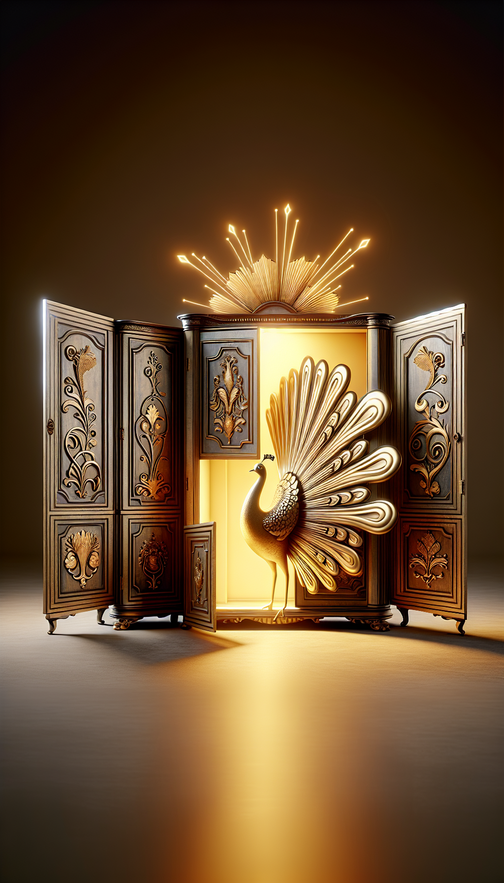 An elegant, half-open antique armoire emerges as the focal point, with one section rendered in detailed Baroque filigree, another in smooth Art Nouveau curves, and a third in sturdy Mission-style simplicity. A golden halo softly glows around it, symbolizing its rarity and value, while a regal peacock with a plume of diverse styles perches atop, embodying its standout beauty.