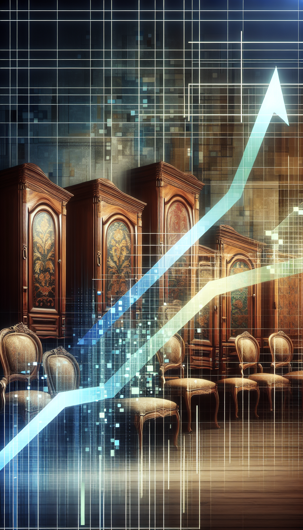 A juxtaposition of modernity and antiquity: the foreground shows a sleek, contemporary graph line inclining upwards over an array of elegant, subtly glowing antique armoires, hinting at their rising value. Splashes of baroque patterns fade into pixelated digital elements, symbolizing the interplay between past elegance and current market trends’ data-driven analysis.