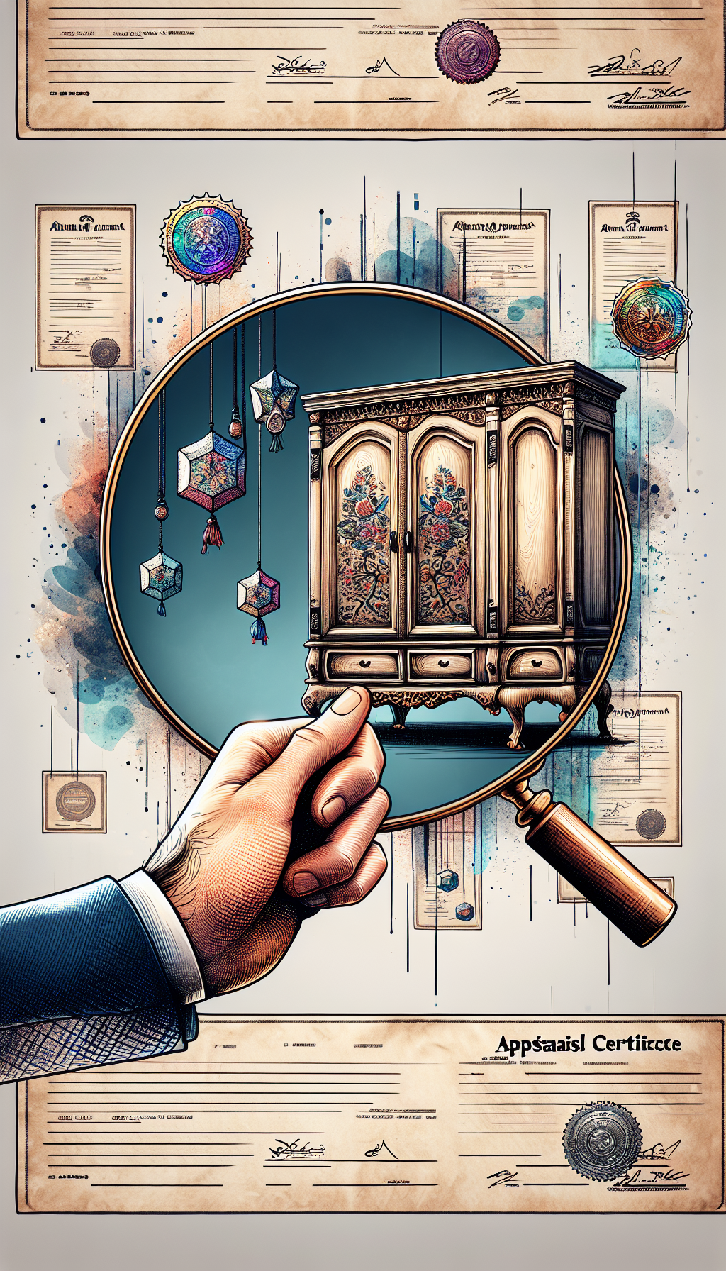 The illustration depicts an antique armoire under a magnifying glass held by an expert, with appraisal certificates and holographic authentication seals floating around. The armoire is intricately sketched in a realistic style, while the expert's hand is in bold line art, and the certificates shimmer in a whimsical, watercolor texture, symbolizing the blend of precision and value.