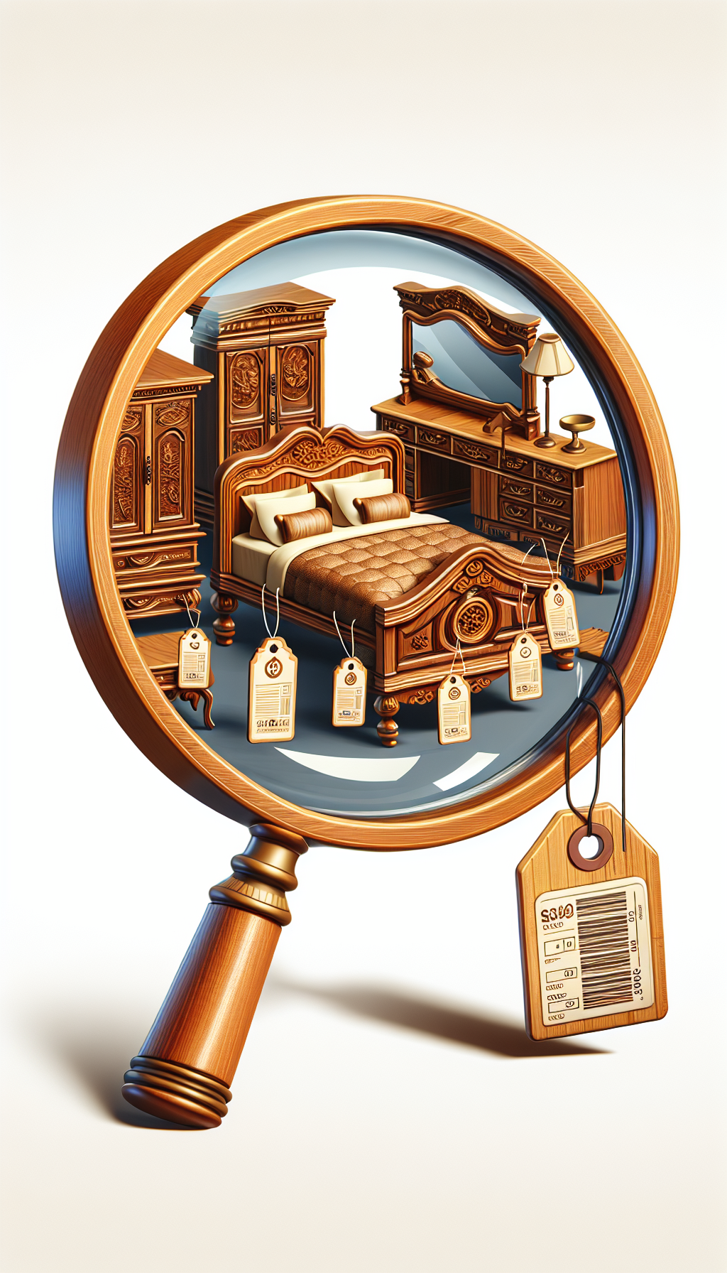 A magnifying glass hovers over an ornate antique bedroom set, highlighting key elements such as the wood grain, dovetail joints, and intricate carvings. Beneath the glass, these features gleam with a golden hue, symbolizing their value, while price tags dangle from the bedpost, dresser, and vanity, each bearing different factors like 'age,' 'craftsmanship,' and 'provenance.'