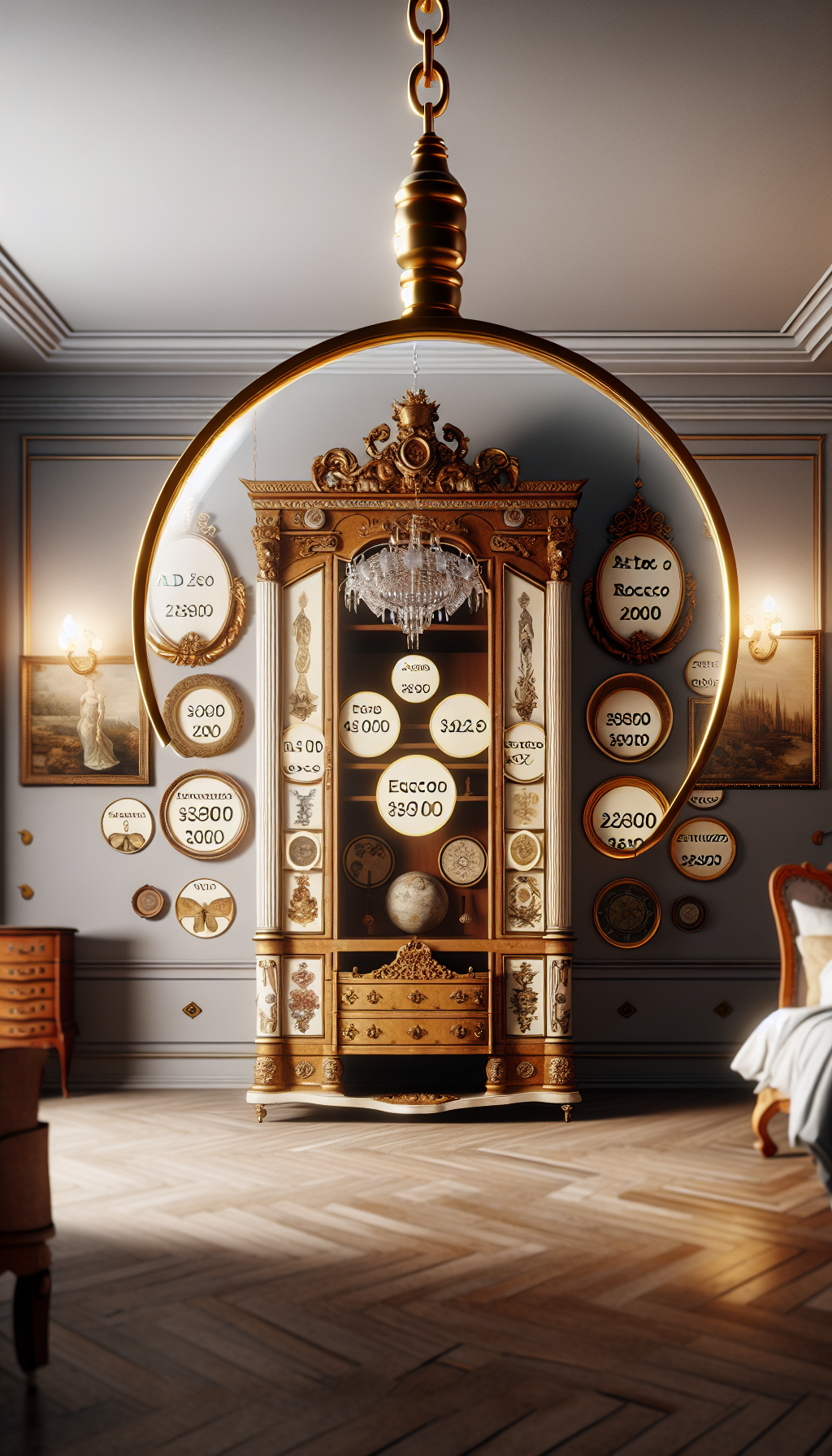 An intricately adorned Victorian armoire stands amidst a gallery of time-frozen bedroom vignettes; each alcove represents a distinct era, marked by a hanging golden plaque denoting its period like Art Deco, Rococo, and Renaissance. A magnifying glass hovers over the armoire, with reflected appraisal values shimmering inside its lens, symbolizing the depth of history and worth of each antique ensemble.
