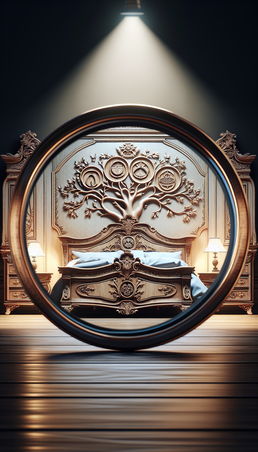 An ornate antique bedroom set sits under a magnifying glass, with elegant lines that trace back through time to a faded historical scene. Each piece has a glowing aura, indicating its high value, while a regal family tree sprouts from the headboard, each branch representing a previous aristocratic owner, emphasizing the set's esteemed provenance and pedigree.