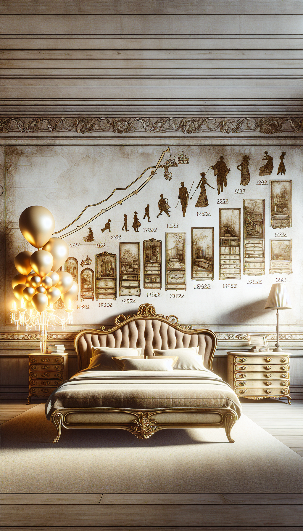 An elegant room showcasing a timeline wall with framed silhouettes of antique bedroom sets morphing from past to present. In the foreground, a lavish set glows, its value highlighted by soaring, golden price tag balloons. Decorative arrows direct the eye, subtly implying the trends and demand flow across epochs. The art style blends vintage etching with modern minimalistic lines for contrast.